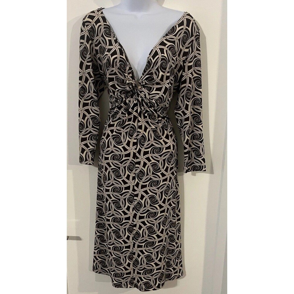 Maggy London Geometric Swirl Knot V-Neck Midi Dress Brown & Beige 3/4 Sleeve 14